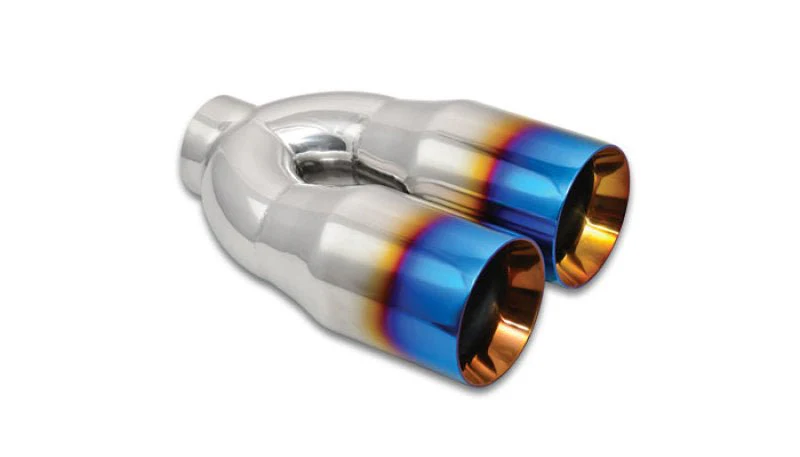 Vibrant 2.5in ID Dual 3.5in OD Round SS Tips (Double Wall, Straight Cut) with Burnt Blue Finish - Image 2